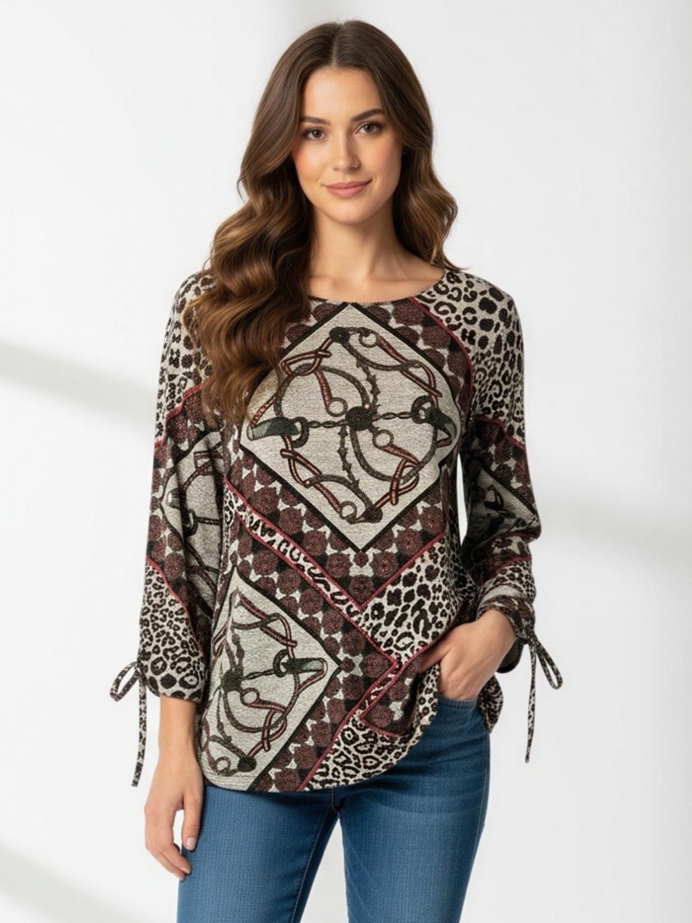 Cato Equestrian and Animal Print Blouse with Cinched Sleeves Size M
